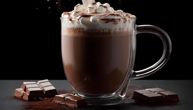 Versare il cacao al cioccolato caldo in una tazza di vetro su un tavolo nero sullo sfondo scuro 3