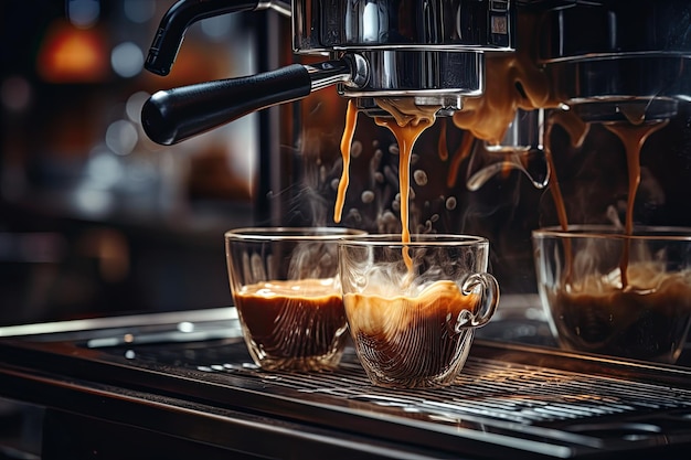 Versare il flusso di caffè dalla macchina professionale Barista che prepara un doppio espresso