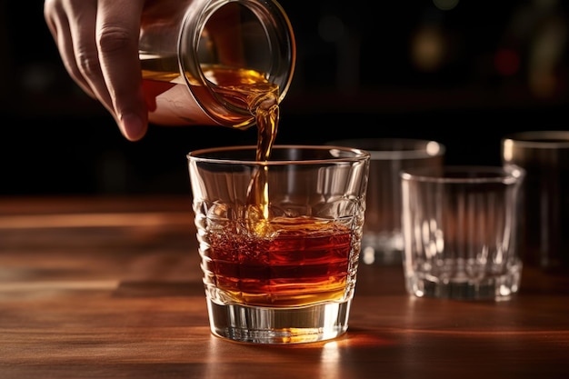 Versare il whisky in una miscela di cocktail Manhattan