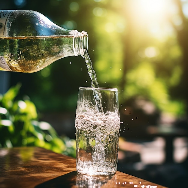 Versare l'acqua dalla bottiglia in un bicchiere su legno in natura su uno sfondo verde con raggi di luce