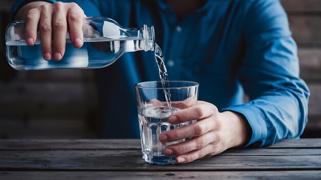 Versare l'acqua dalla bottiglia nel bicchiere