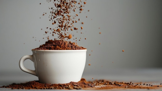 versare la polvere di caffè sulla tazza di caffè sullo sfondo grigio