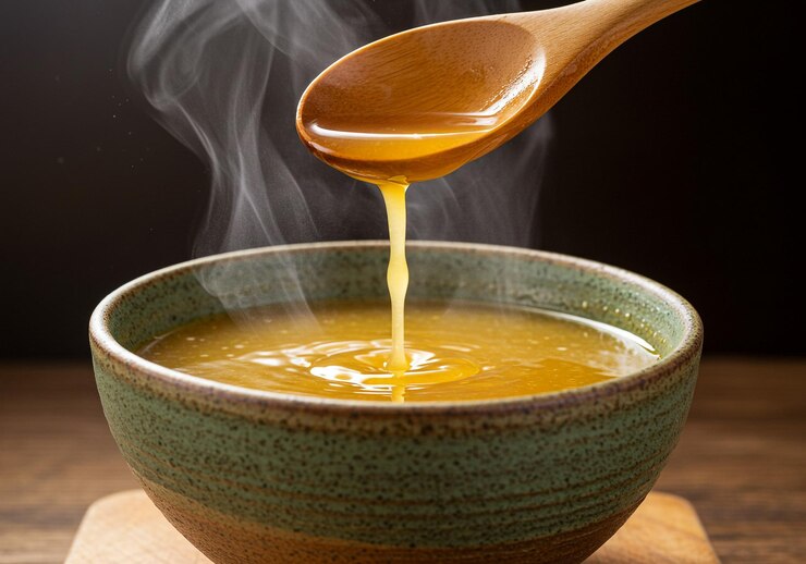 Versare la zuppa calda in una ciotola con un cucchiaio di legno e vapore