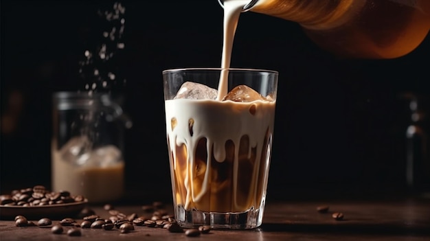 Versare latte in bicchiere con caffè ghiacciato Bevanda estiva rinfrescante fredda IA generativa