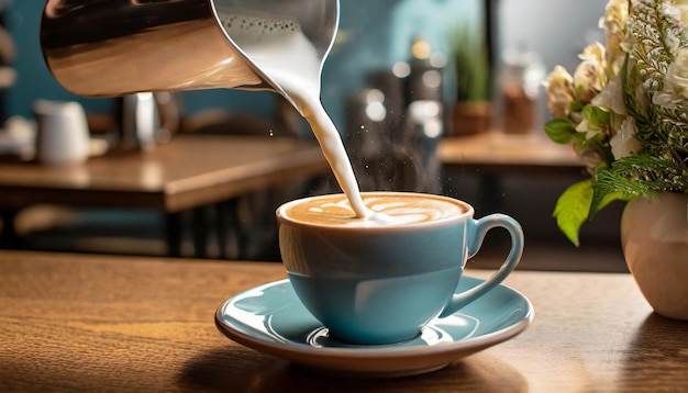 Versare latte in una tazza di caffè sullo sfondo di un caffè