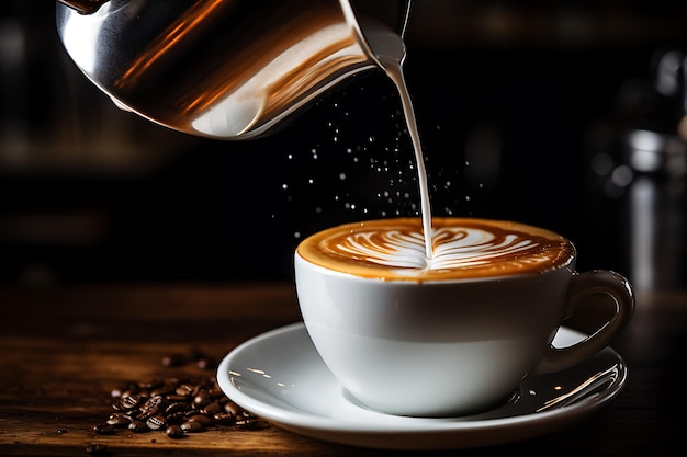 Versare latte in una tazza di cappuccino in un caffè