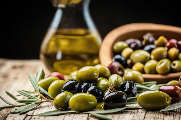 Versare olio d'oliva extra vergine in una ciotola di vetro e olive