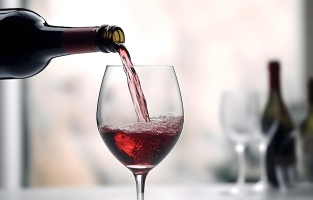 Versare vino rosso da una bottiglia in un bicchiere su uno sfondo sfocato