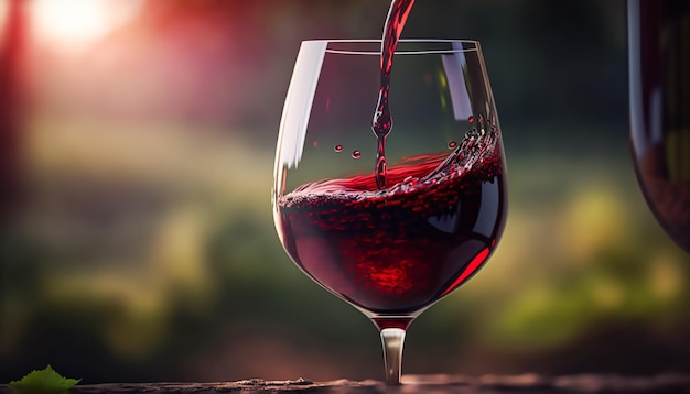 Versare vino rosso di lusso nel bicchiere nella soleggiata campagna di degustazione di vini e vinicoltura viticoltura Generative Ai