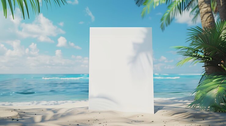 Versatile Mockup of a Blank White Poster Sign on a Stunning Beach Ideal for Coastal Advertising Summer Promotions and Creative Outdoor Marketing Visuals
