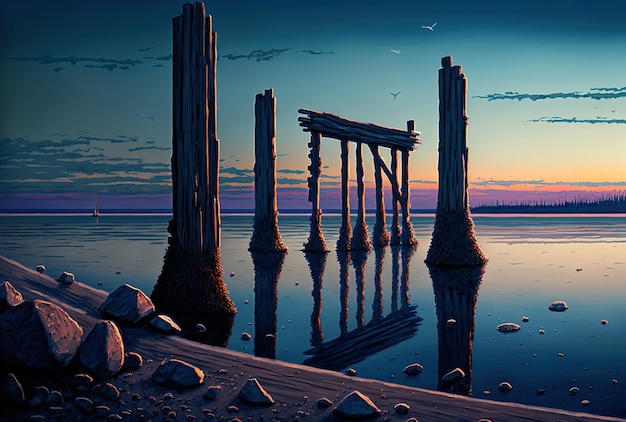 Verso il tramonto colonne di legno ricoperte di sale sporgono dal mare alla foce del kuyalnik