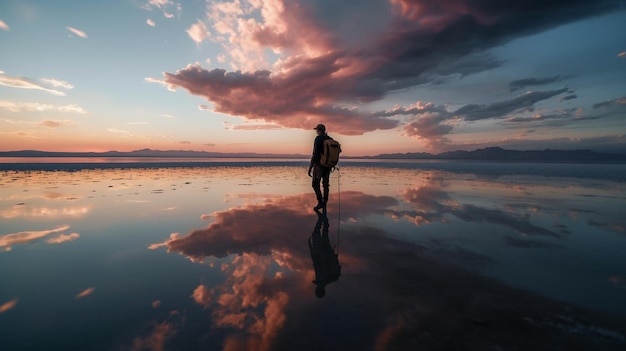 Verso il tramonto un uomo viaggiatore con una borsa cammina sul lago salato Il cielo con le nuvole si riflette nella superficie dell'acqua a specchio grazie all'IA generativa