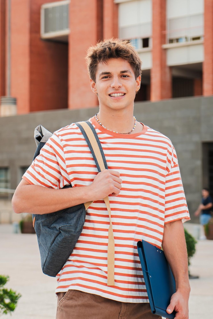 Vertical individual portrait of a handsome student young man standing at university campus happy