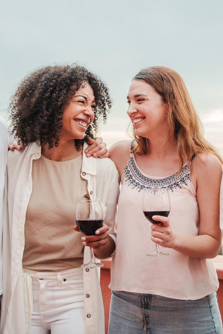 Vertical portrait of two young female friends having fun talking and drinking wine adult women