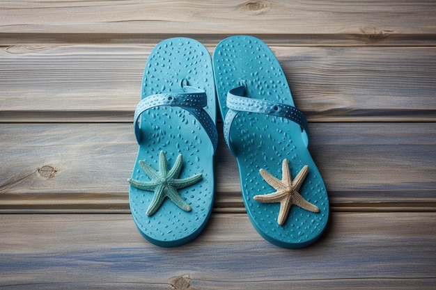 Verticale di legno blu del fondo della spiaggia di estate delle stelle marine di Flip-Flop