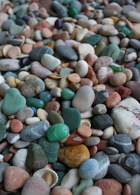 Verticale Foto Stock Di Pietre Di Mare Pietre Di Quarzo Colorate E Conchiglie Con Soft Focus