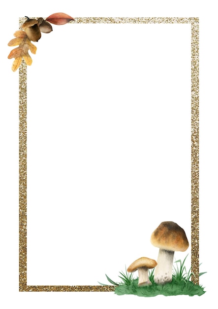 Verticale funghi marroni commestibili cornice rettangolare illustrazione acquerello Modello di banner