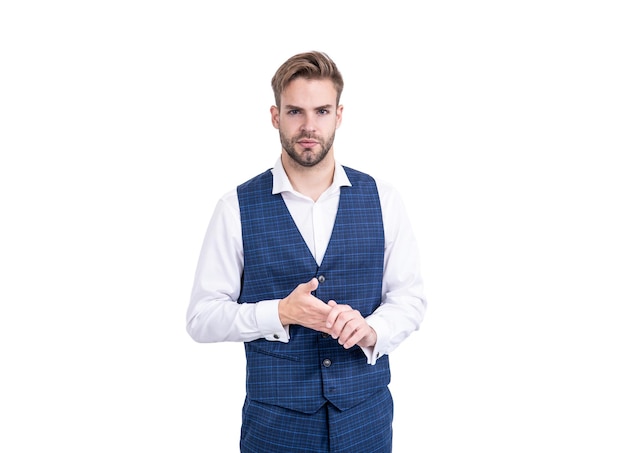 Vestire come uomo d'affari Bell'uomo isolato su bianco Look alla moda di uomo d'affari Stile formale Abbigliamento da ufficio Armadio a capsula Abbigliamento maschile alla moda Abbigliamento formale