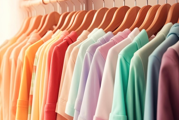 Vestiti colorati su appendiabiti armadio colorato pastello in negozio o camera da letto