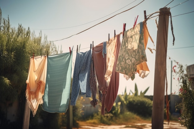 Vestiti lavati che fluttuano nella brezza in una giornata di sole creata con l'IA generativa