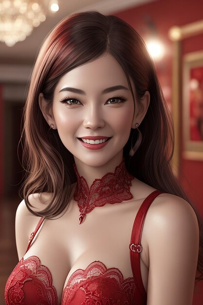 vestito rosso caldo sexy splendida ragazza giocoso romantico bella ragazza ritratto fotorealistico metà viaggio