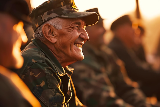 Veterani che condividono risate e cameratismo sullo sfondo sfocato