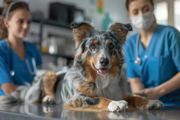 Veterinari in uniforme blu con stetoscopi che eseguono un esame di routine di un cane in una clinica veterinaria Closeup attenzione selettiva su un cane Trattamento e vaccinazione degli animali domestici