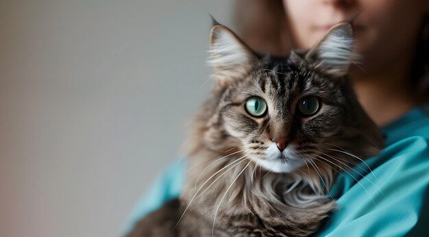 Veterinaria tiene un gatto malato in primo piano Diagnostica di animali domestici concetto di clinica sanitaria