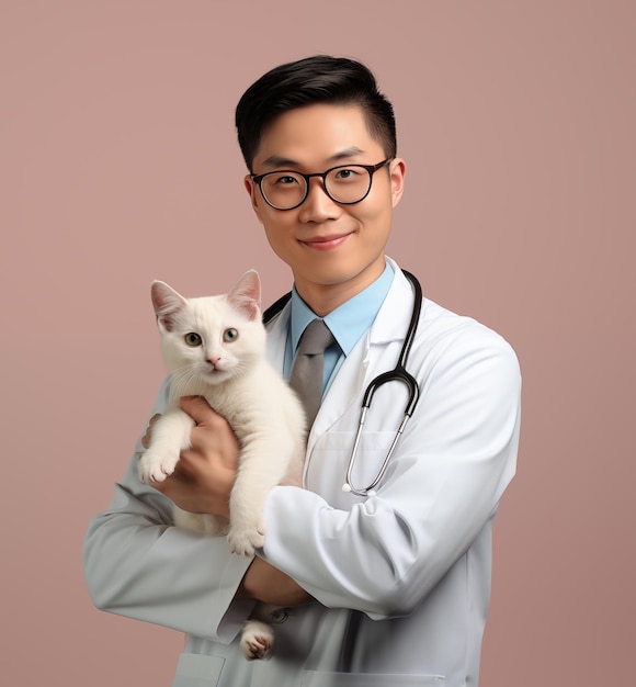 Veterinario asiatico con un gattino sullo sfondo beige Concetto veterinario