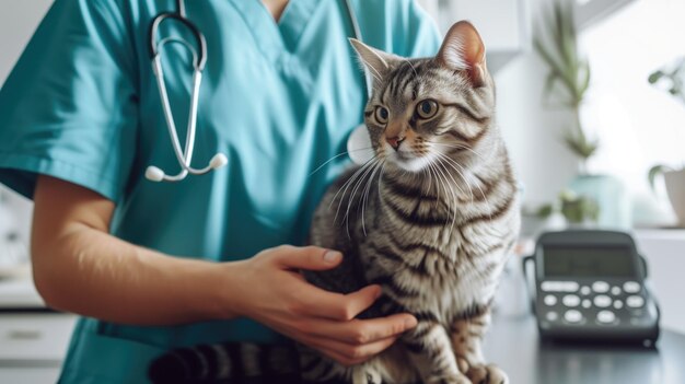 Veterinario che esamina un gatto in una clinica