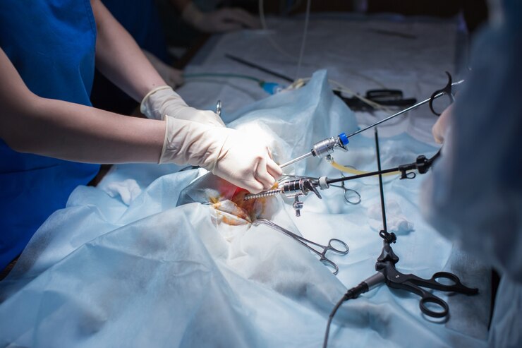 Foto veterinario che fa l'operazione per la sterilizzazione. il gatto sul tavolo operatorio in una clinica veterinaria.