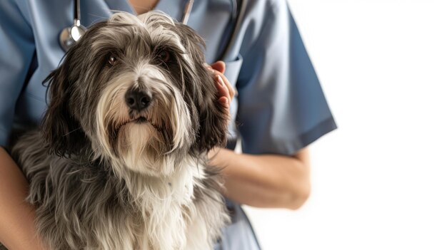 Veterinario che indossa un cappotto veterinario con un cane Collie barbuto