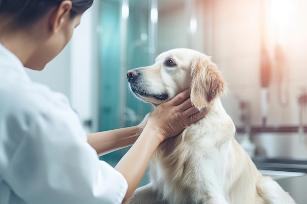 Veterinario che ispeziona un cane in una clinica