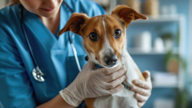 Veterinario che tiene un piccolo cane in una clinica