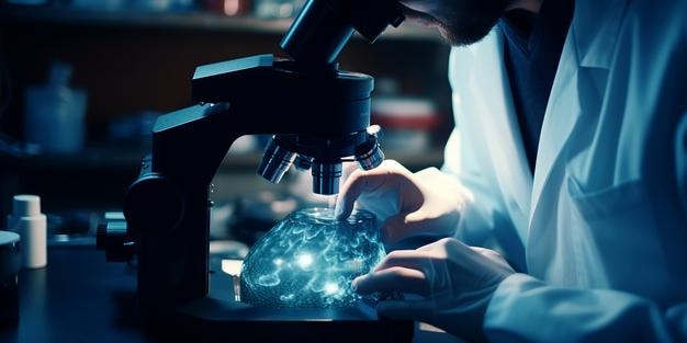 Veterinario che usa al microscopio vere dita umane