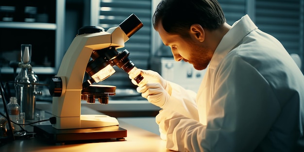 Veterinario che usa al microscopio vere dita umane