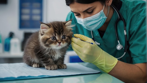 Veterinario con un gatto bello e felice Gattino dal medico Vaccinazione degli animali in un veterinario