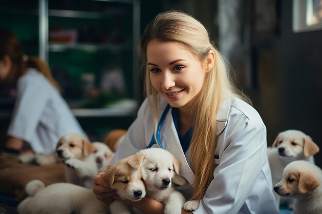 Veterinario del rifugio per animali che si prende cura di cuccioli energici AI