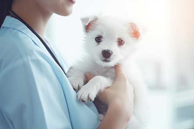 Veterinario della donna che tiene un cucciolo sulle mani in una clinica