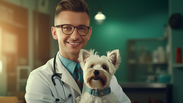 Veterinario di mezza età allegro in uniforme da lavoro che tiene uno Yorkshire Terrier in una clinica veterinaria