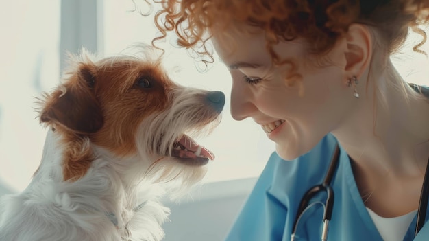 Veterinario in abito blu ascolta il battito cardiaco di Jack Russell Terrier39 durante il check-up nello spazio luminoso della clinica veterinaria
