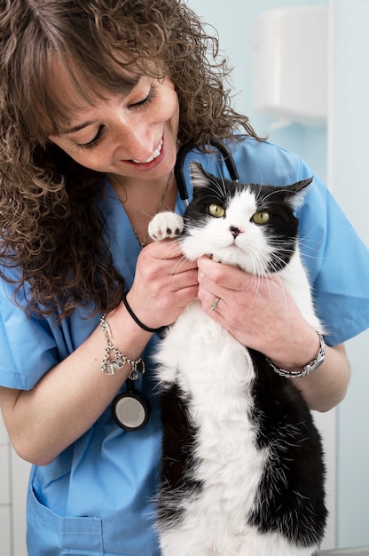 Veterinario professionista sorridente che tiene un bel gatto dopo l'esame.