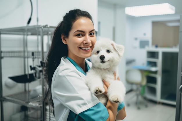 Veterinario sorridente che tiene in braccio un paziente peloso con occhi gentili e compassionevoli