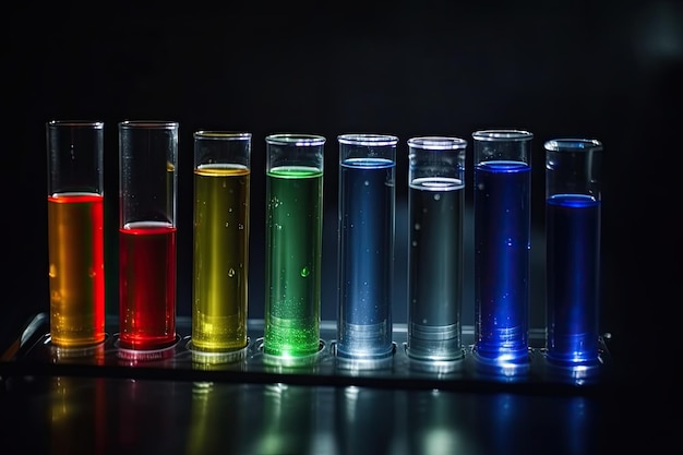 Vetreria da laboratorio contenente liquido colorato su sfondo nero concetto di ricerca e sviluppo scientifico Provette per test di laboratorio scientifico riempite con tubi colorati AI Generato