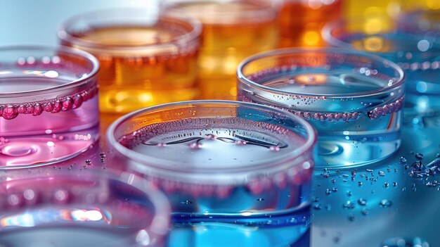 Vetreria di laboratorio colorata per la ricerca di sieri cosmetici Vista superiore piatta