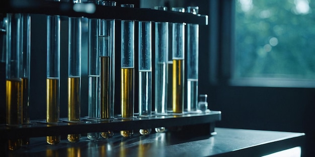 Vetreria di laboratorio con tubi di prova sul tavolo sfondo scientifico