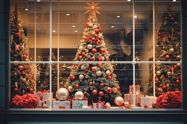 Vetrina del negozio di Natale L'albero di Natale è decorato con vari giocattoli Saldi di Capodanno