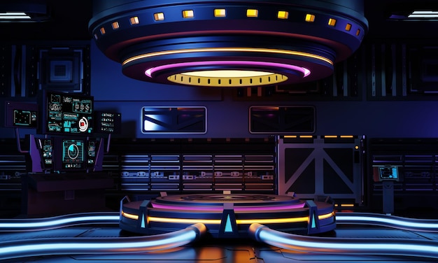 Vetrina del podio del prodotto Cyberpunk scifi in astronave con sfondo giallo blu viola e rosa Tecnologia e concetto di oggetto Rendering di illustrazioni 3D