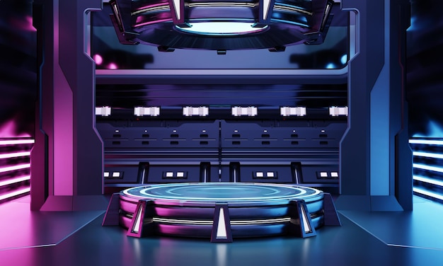 Vetrina del podio del prodotto Cyberpunk scifi nella stanza vuota dell'astronave con sfondo blu e rosa Tecnologia spaziale cosmo e concetto di oggetto di intrattenimento Rendering 3D dell'illustrazione