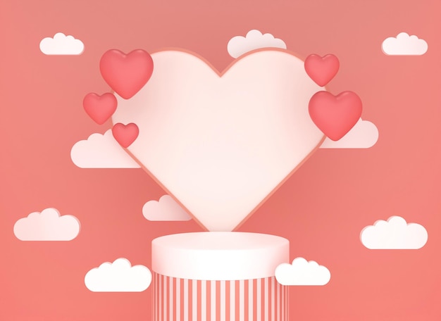 Vetrina del prodotto sul palco del podio di San Valentino 3d con decorazione con cuore e regalo